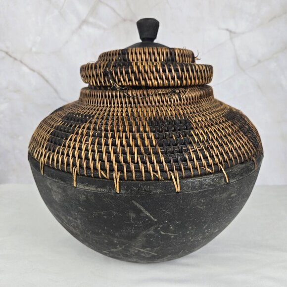 Wood and Rattan Vessel with Removable Lid Brown & Black Handmade in Indonesia - Picture 4 of 11